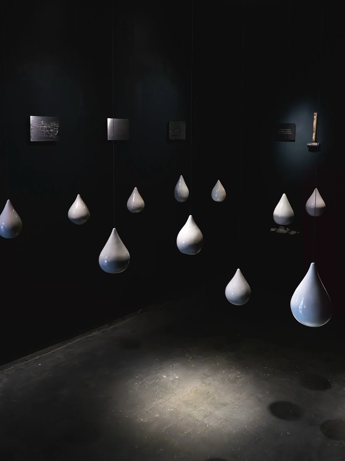White sculptural forms suspended in a dark gallery