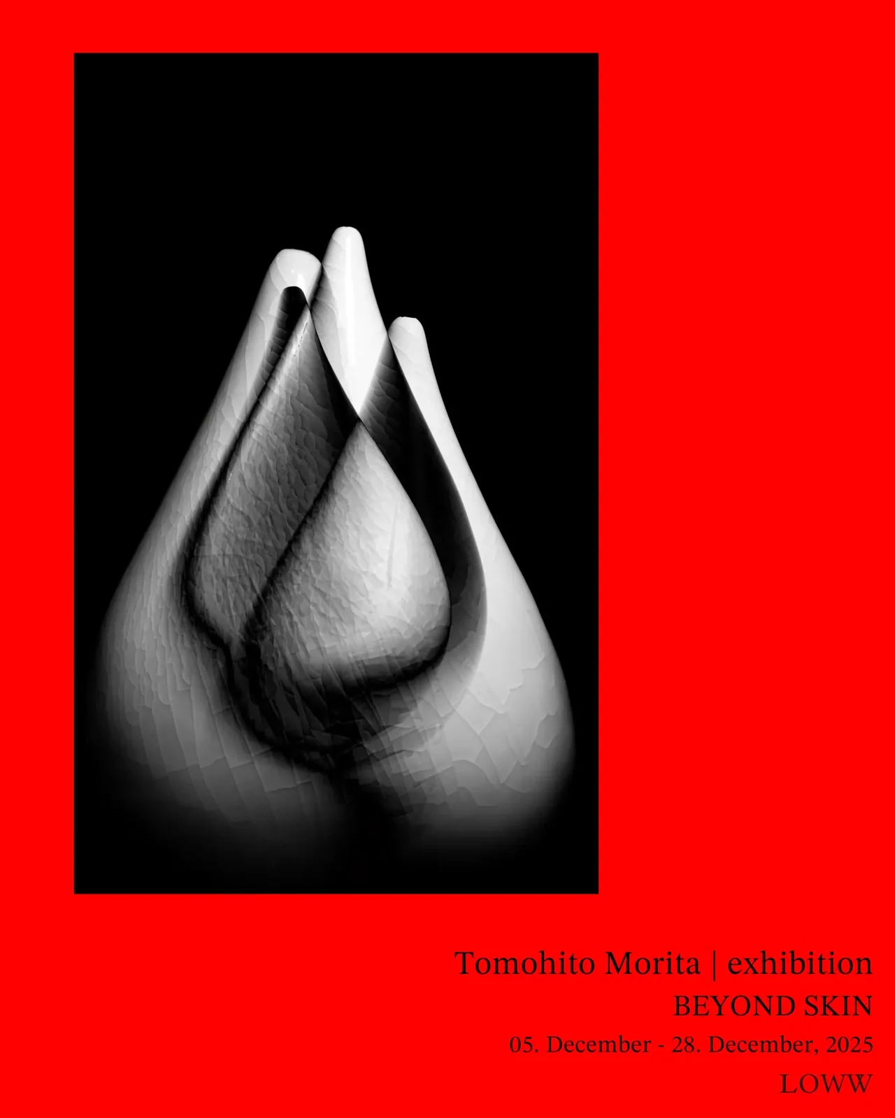 Red exhibition poster for Beyond Skin at LOWW