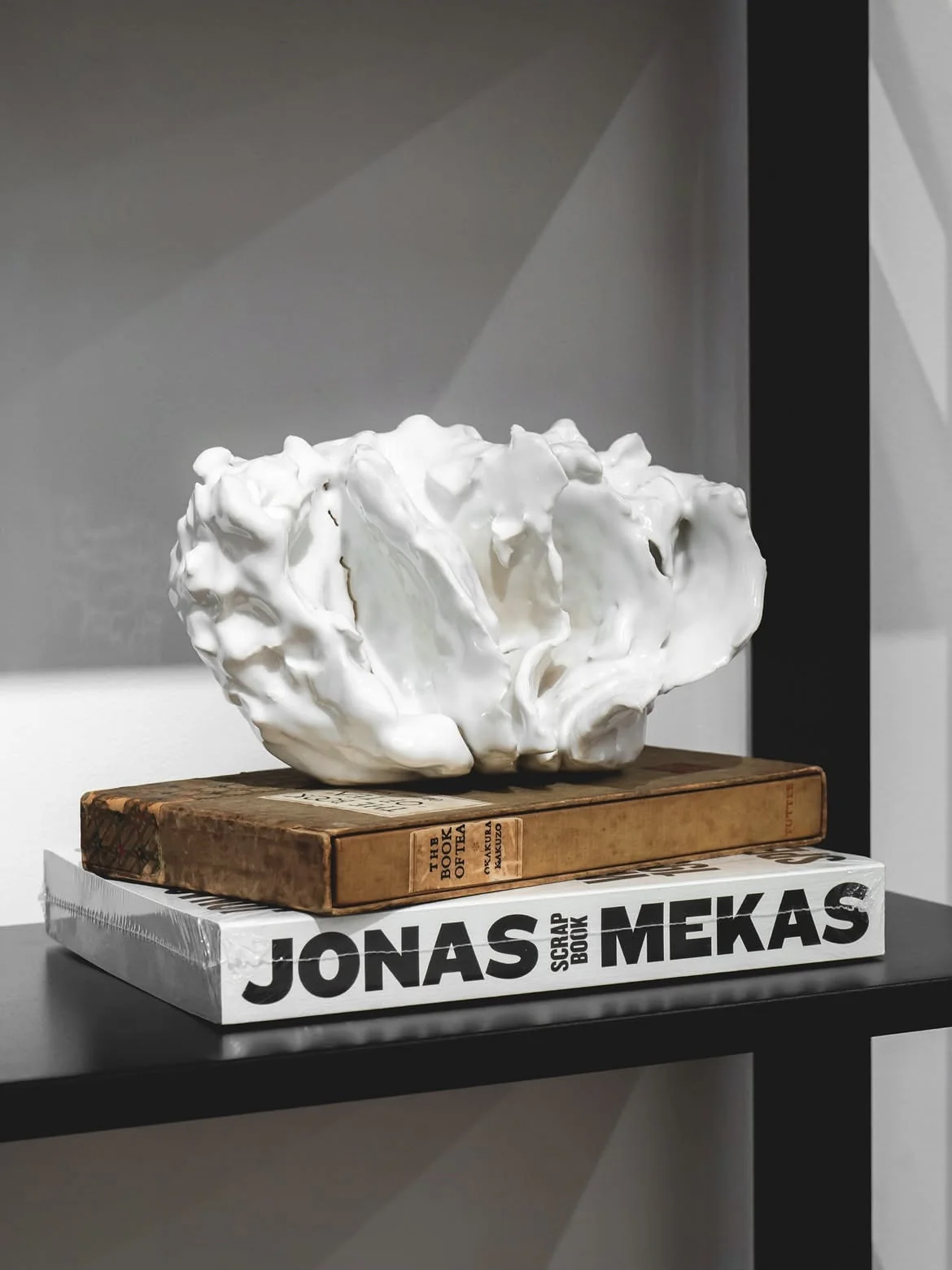 A pale crackled sculptural object displayed on books